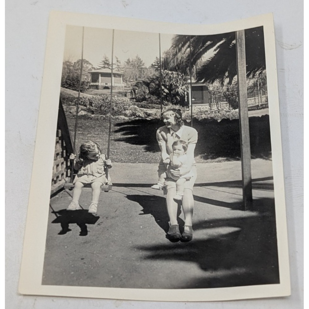 Vintage Photo Mom Mother Children On Swing Baby Girl 1940s Smiling Playing